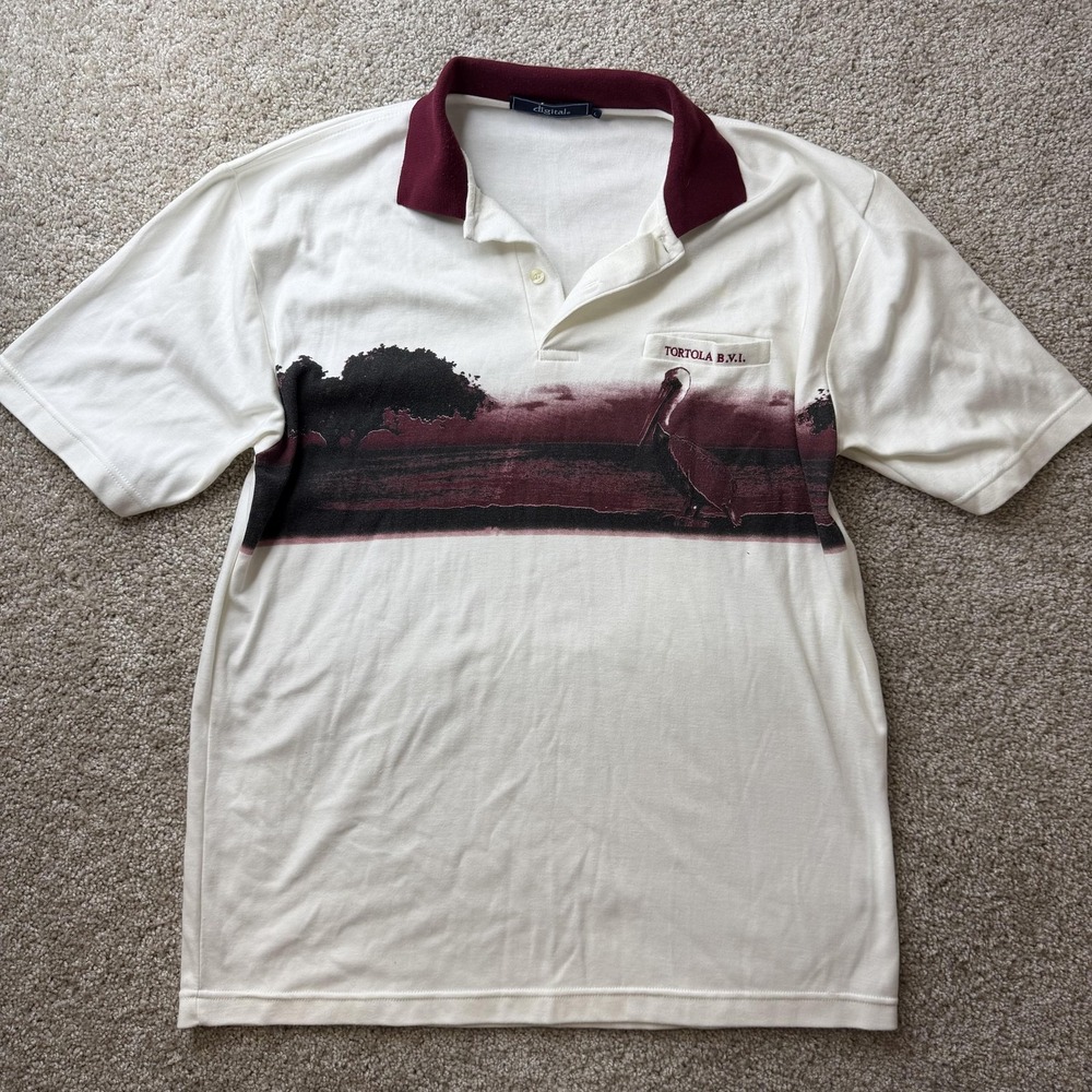 Vintage Digital Tortola BVI Pelican AOP Polo Shirt Mens Large White Short Sleeve